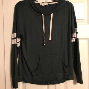 PINK REPUBLIC Medium Hooded Sweatshirt Green White Lightweight Stripes Pullover